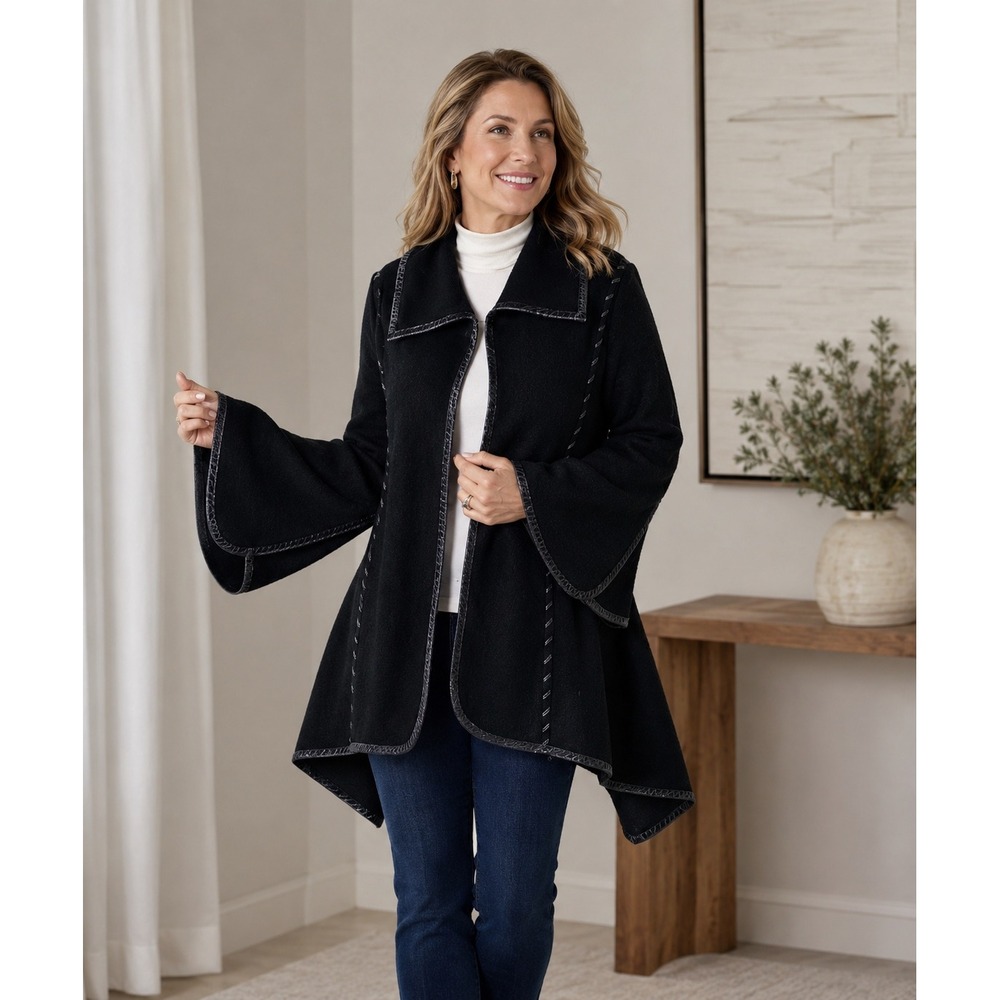 Patricia Nash Black Knit Faux Leather Trim Cape Jacket M/L